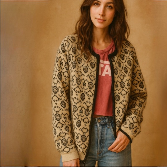 neckworks Sweaters - Vtg Neckworks Tan Black Wool Angora Blend Zip Nordic Grandma Sweater Size XL